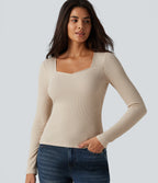 Ribbed Knit Square Neck Long Sleeve Casual Top — Whipped Taupe — view 1