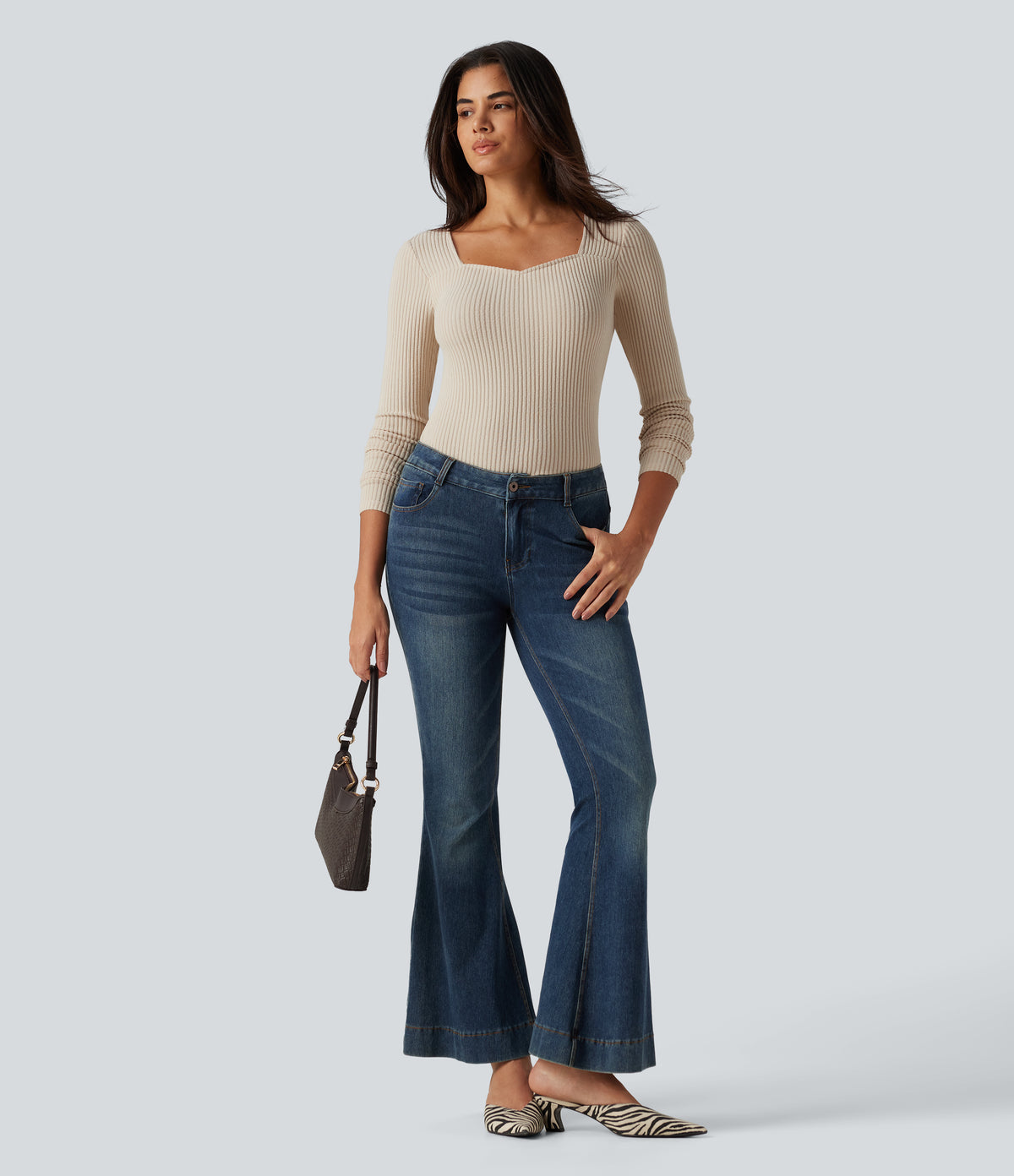 Ribbed Knit Square Neck Long Sleeve Casual Top — Whipped Taupe — view 7