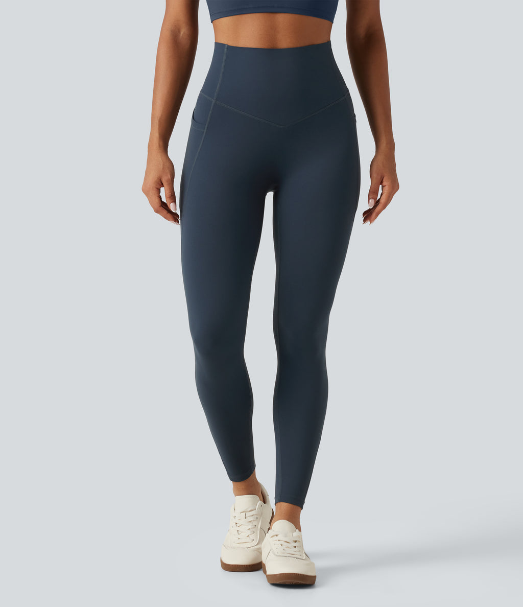 Curvy High Waisted Tummy Control Shaping Yoga Leggings with Pockets — Carbon — view 2