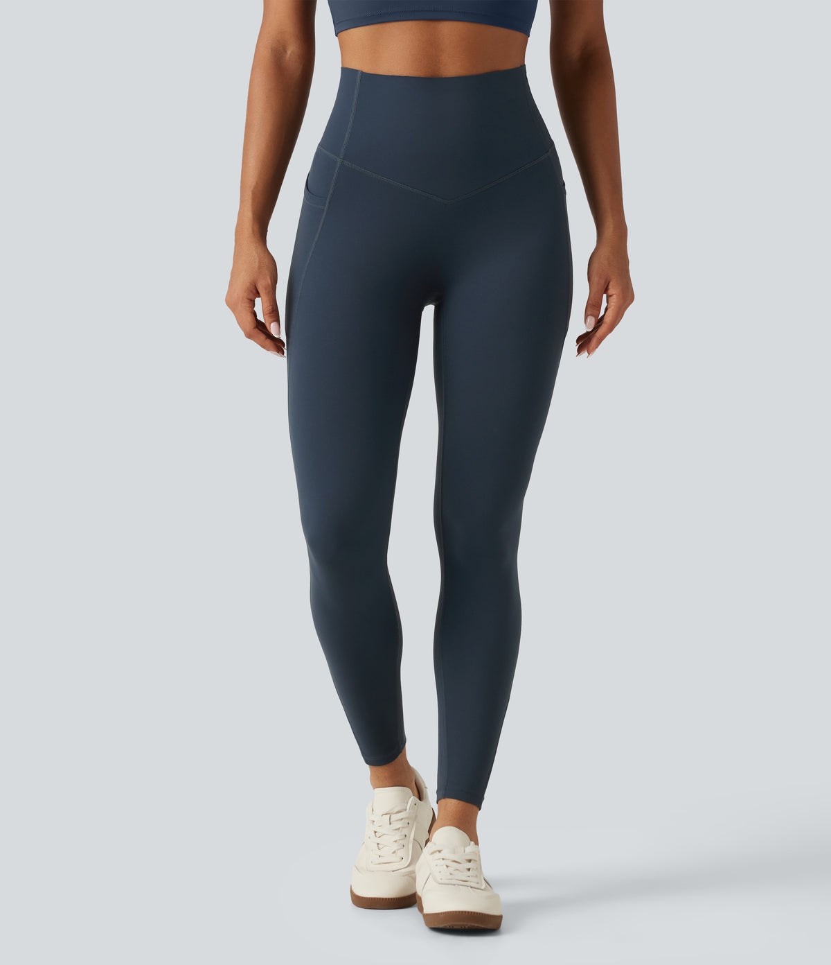 Curvy High Waisted Tummy Control Shaping Yoga Leggings with Pockets — Carbon — view 2