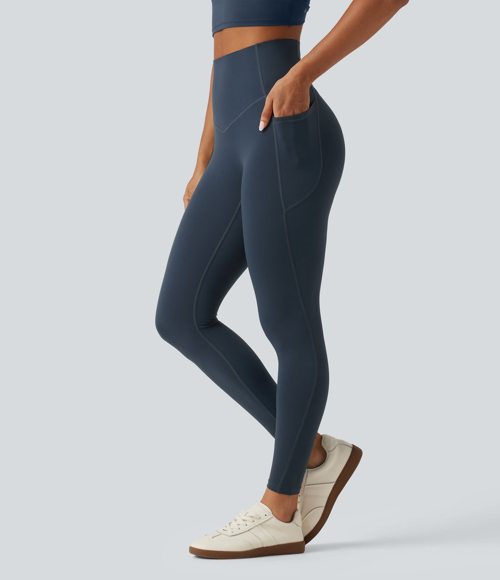 Curvy High Waisted Tummy Control Shaping Yoga Leggings with Pockets — Carbon — view 3