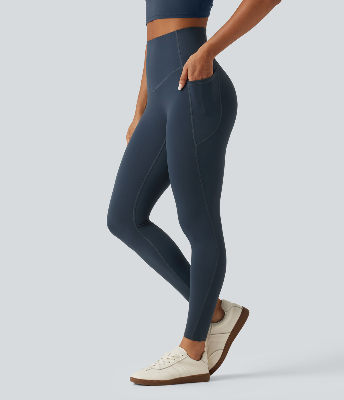Curvy High Waisted Tummy Control Shaping Yoga Leggings with Pockets — Carbon — view 3