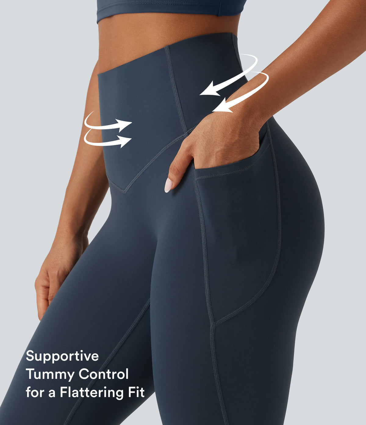 Curvy High Waisted Tummy Control Shaping Yoga Leggings with Pockets — Carbon — view 4