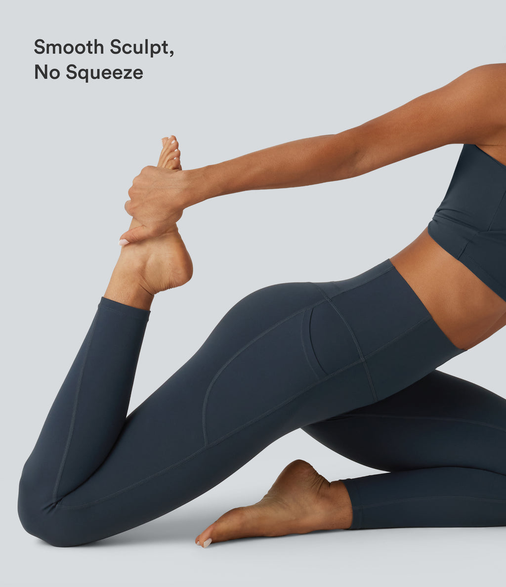 Curvy High Waisted Tummy Control Shaping Yoga Leggings with Pockets — Carbon — view 7