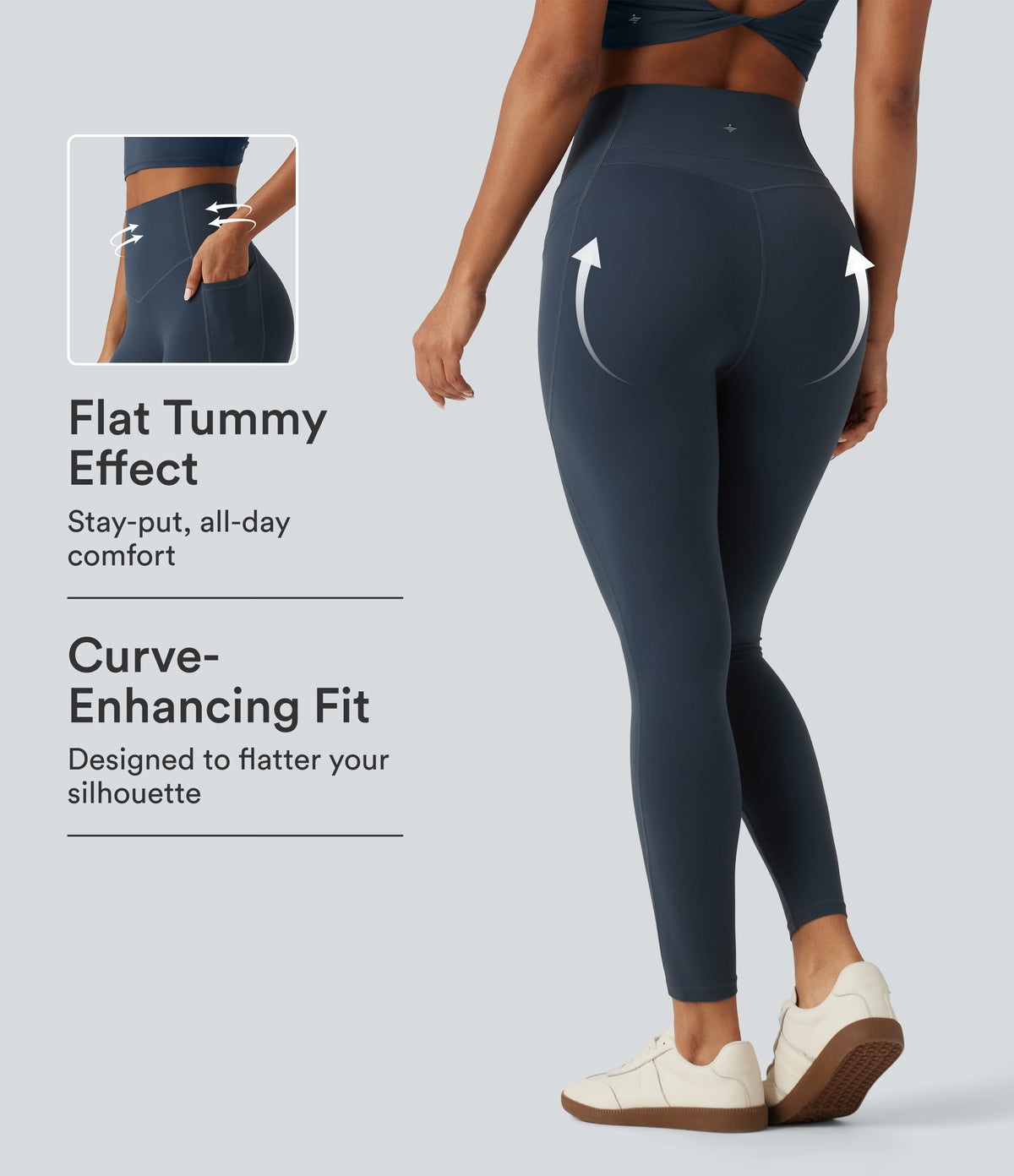 Curvy High Waisted Tummy Control Shaping Yoga Leggings with Pockets — Carbon — view 1