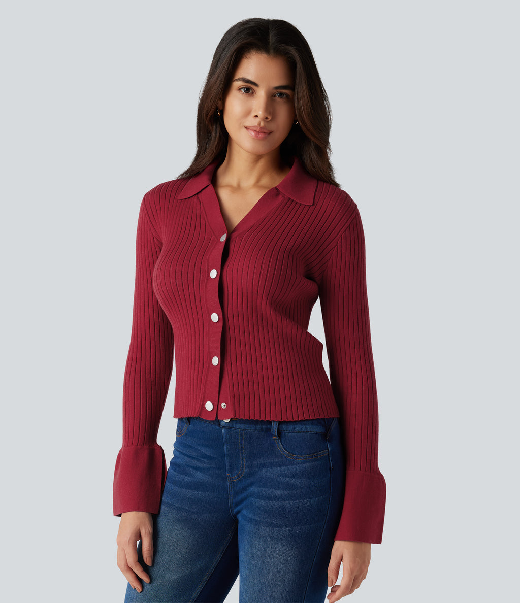 V Neck Long Sleeve Work Cardigan — Rio Red — view 4