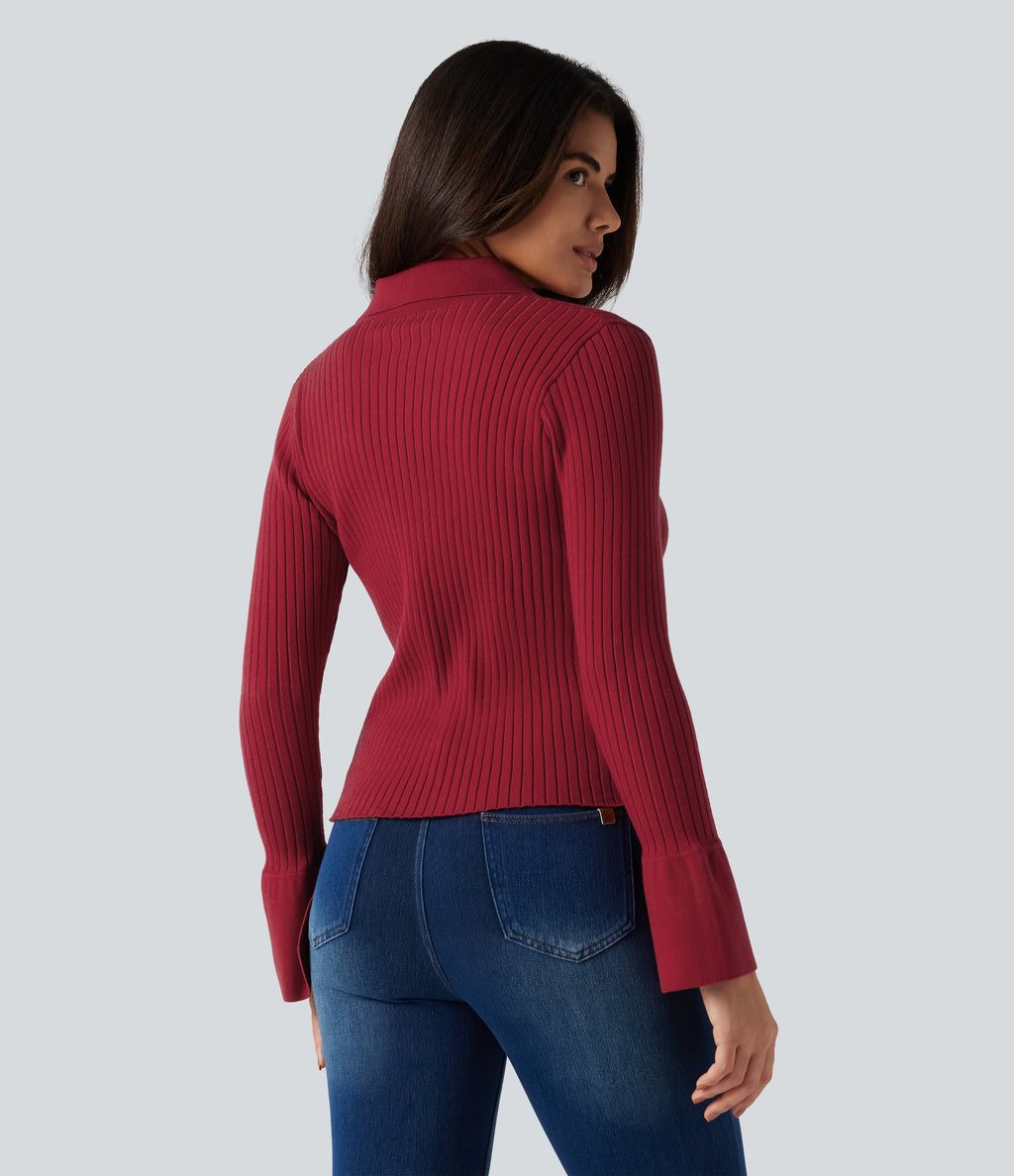 V Neck Long Sleeve Work Cardigan — Rio Red — view 2
