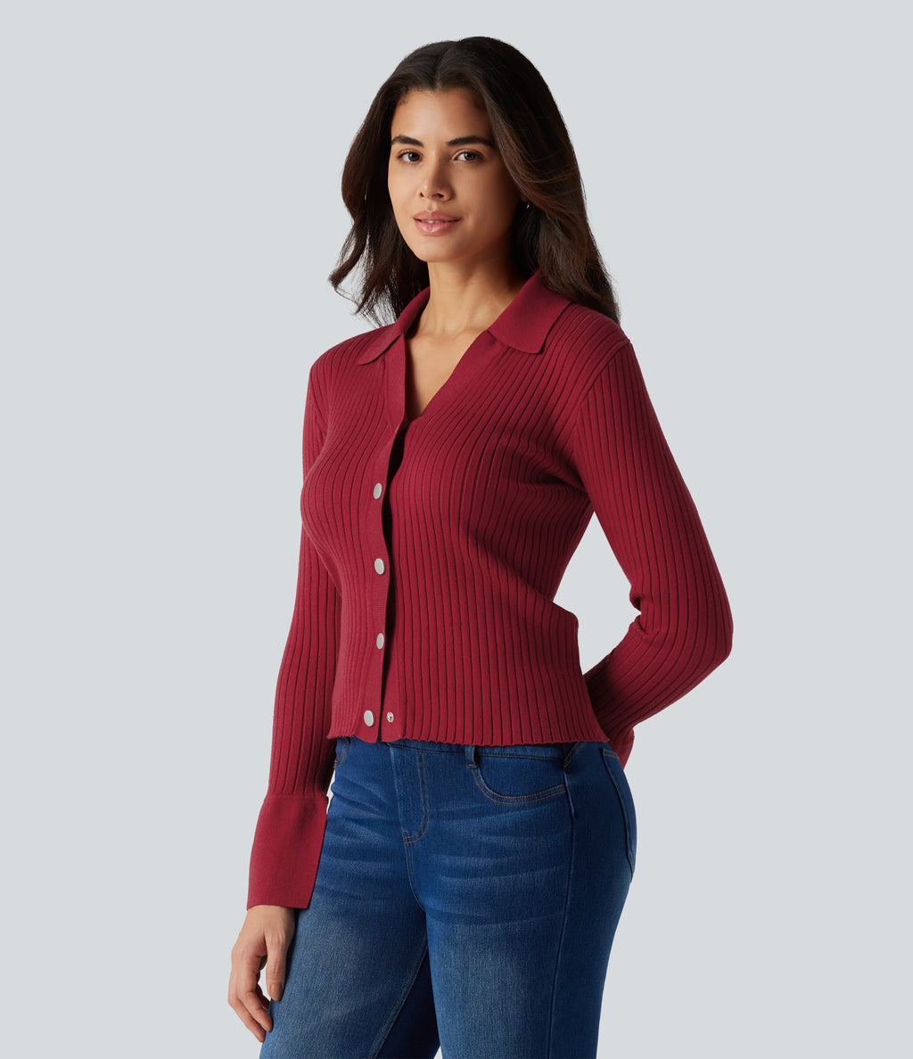 V Neck Long Sleeve Work Cardigan — Rio Red — view 3