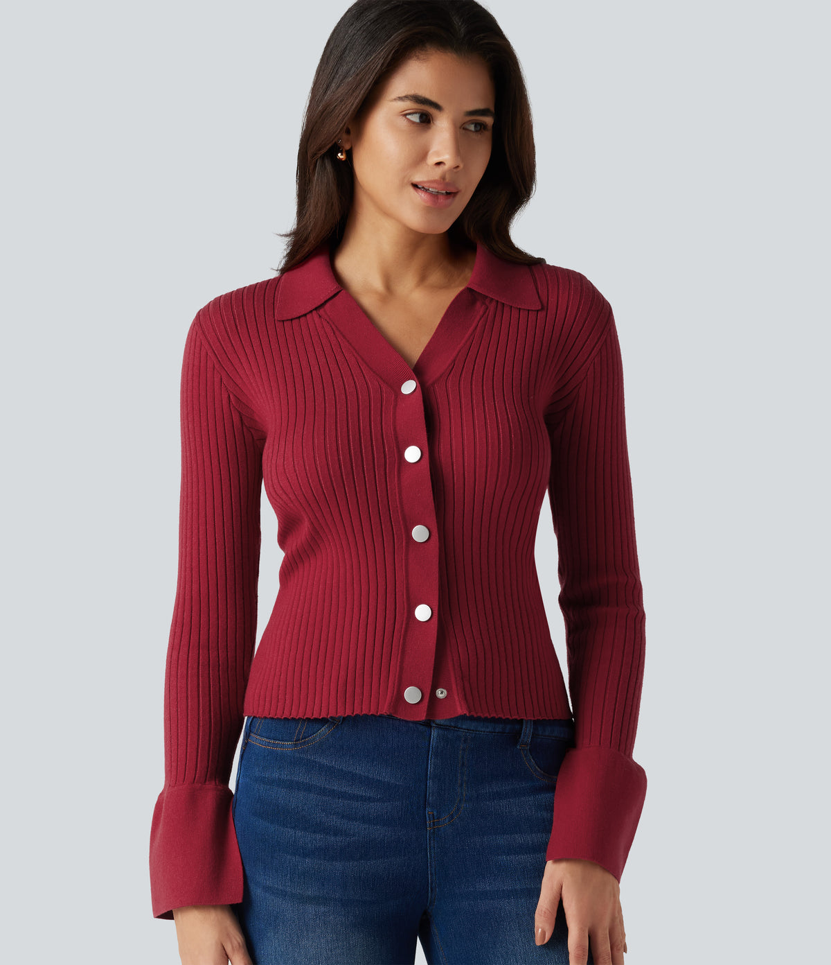 V Neck Long Sleeve Work Cardigan — Rio Red — view 1