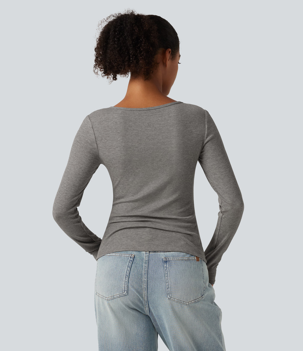 High Stretch Ribbed Knit Cut Out Long Sleeve Casual Top — Fog Gray — view 2