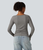 High Stretch Ribbed Knit Cut Out Long Sleeve Casual Top — Fog Gray — view 2