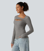 High Stretch Ribbed Knit Cut Out Long Sleeve Casual Top — Fog Gray — view 3