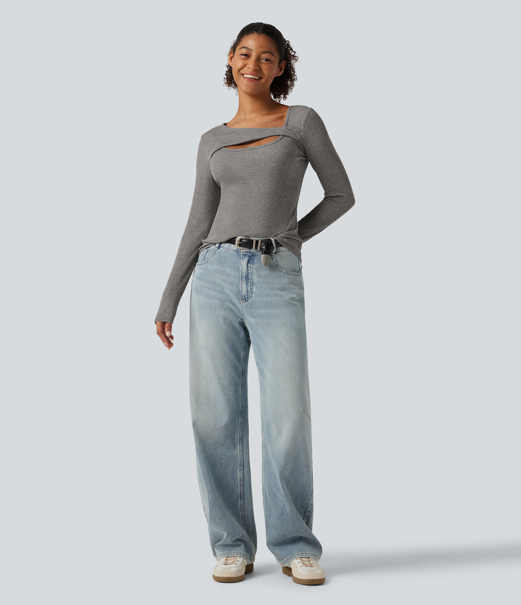 High Stretch Ribbed Knit Cut Out Long Sleeve Casual Top — Fog Gray — view 7
