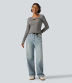 High Stretch Ribbed Knit Cut Out Long Sleeve Casual Top — Fog Gray — view 7