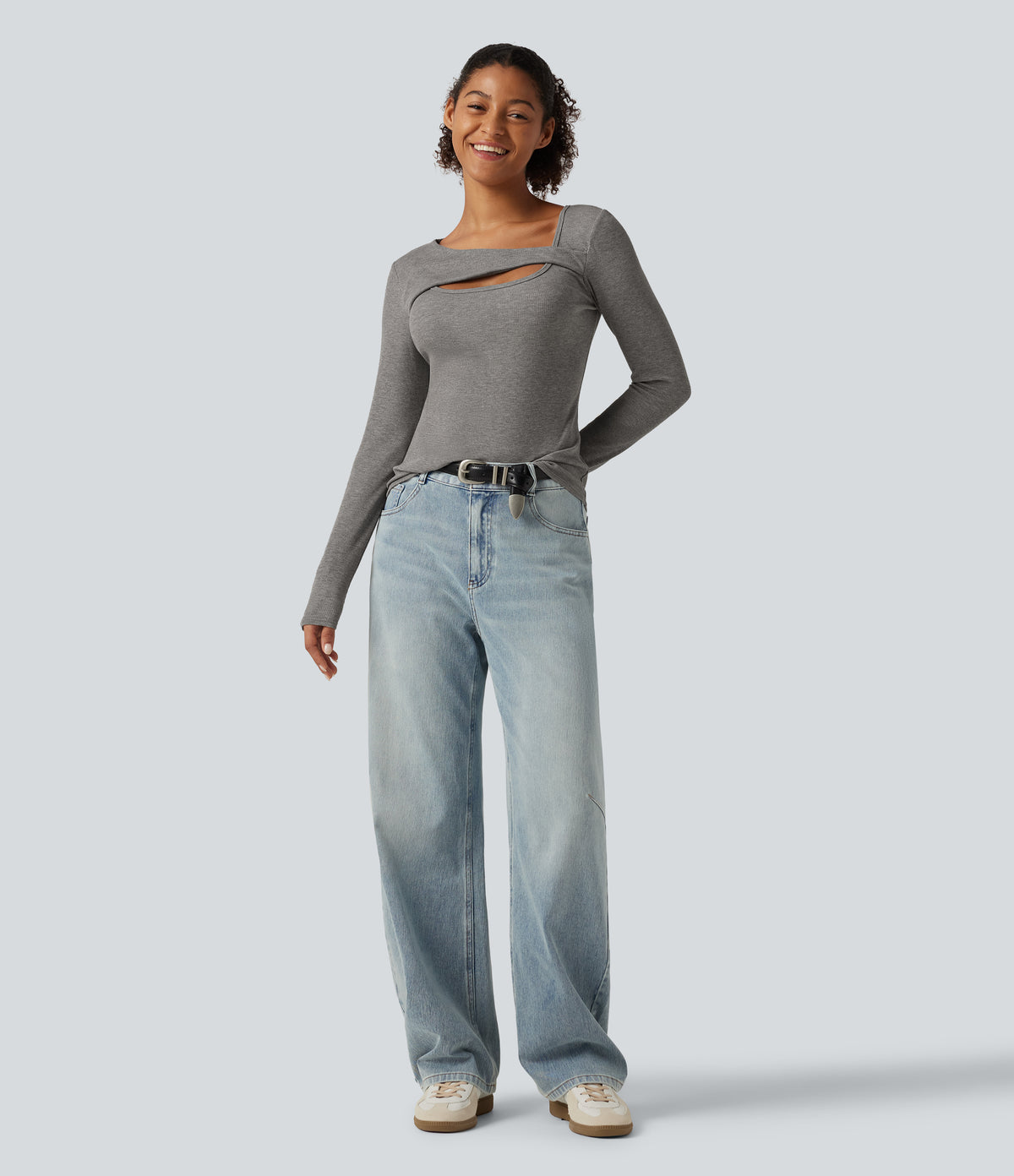 High Stretch Ribbed Knit Cut Out Long Sleeve Casual Top — Fog Gray — view 7