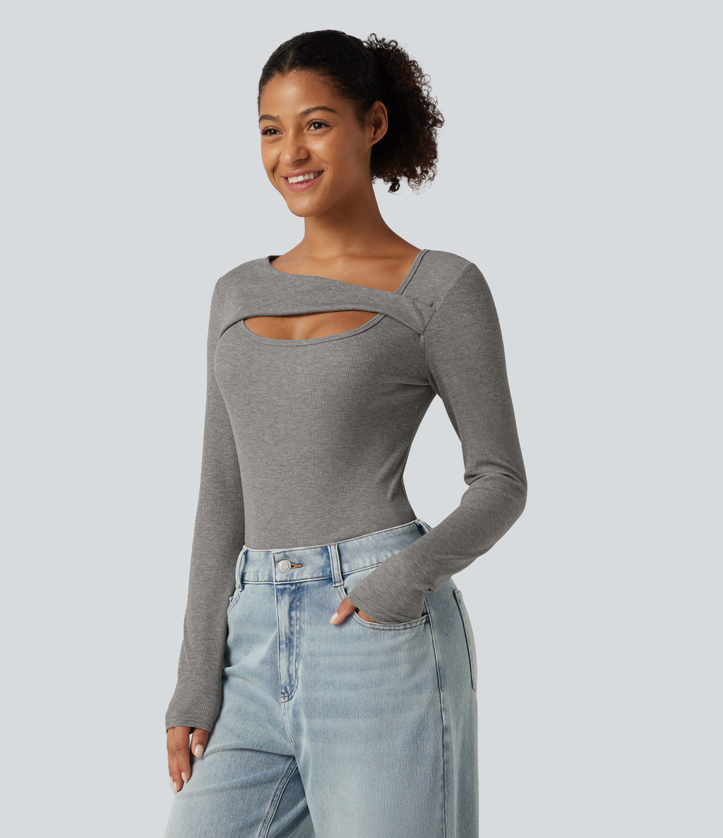 High Stretch Ribbed Knit Cut Out Long Sleeve Casual Top — Fog Gray — view 5