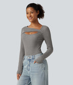 High Stretch Ribbed Knit Cut Out Long Sleeve Casual Top — Fog Gray — view 5
