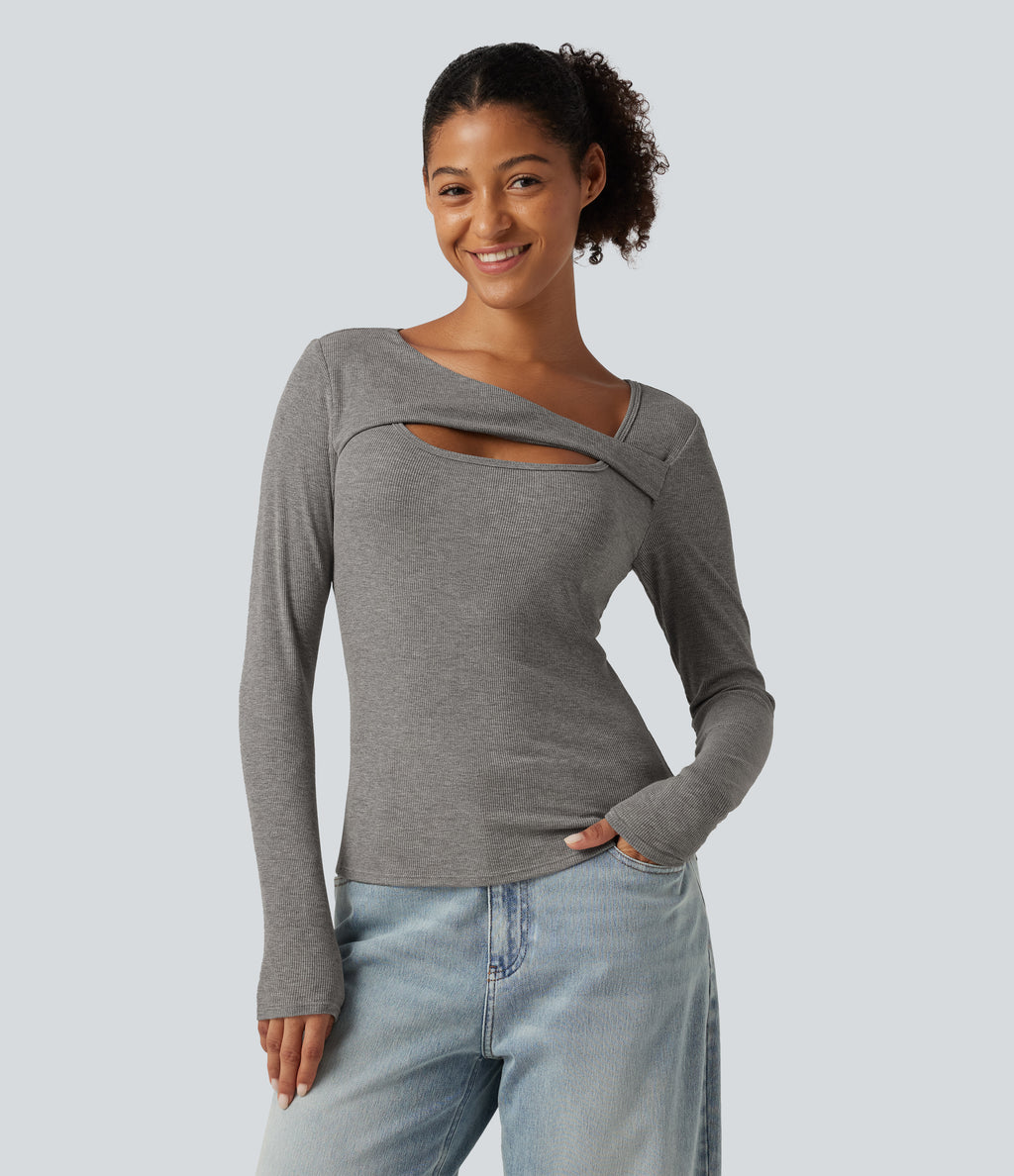 High Stretch Ribbed Knit Cut Out Long Sleeve Casual Top — Fog Gray — view 4