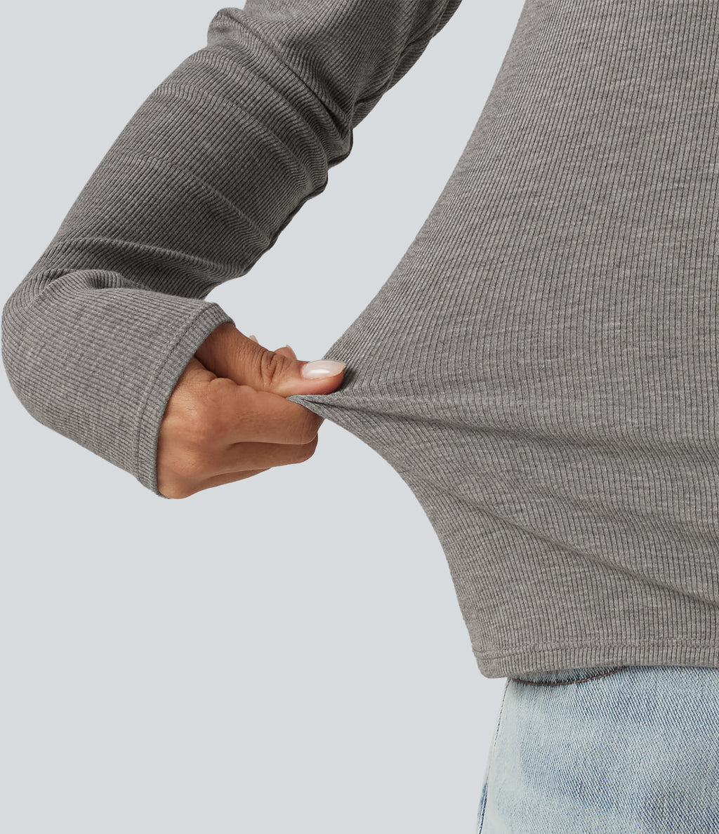 High Stretch Ribbed Knit Cut Out Long Sleeve Casual Top — Fog Gray — view 6