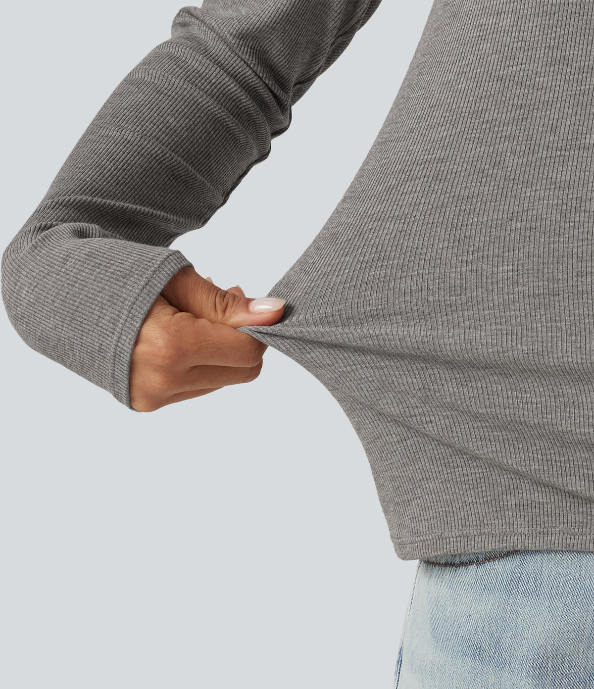High Stretch Ribbed Knit Cut Out Long Sleeve Casual Top — Fog Gray — view 6