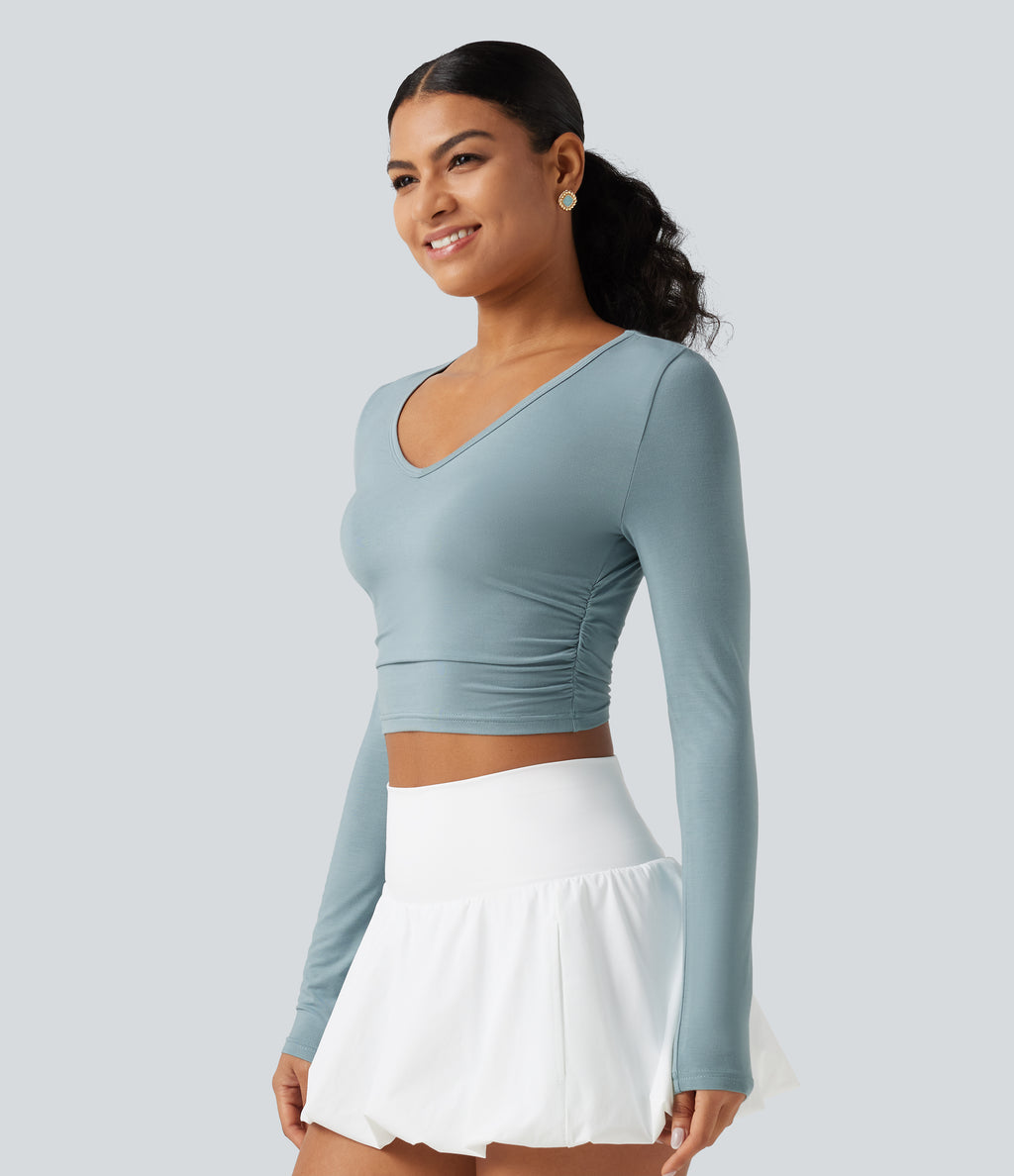 V Neck Long Sleeve Cropped Casual T-Shirt — Alum Blue — view 4