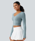 V Neck Long Sleeve Cropped Casual T-Shirt — Alum Blue — view 4