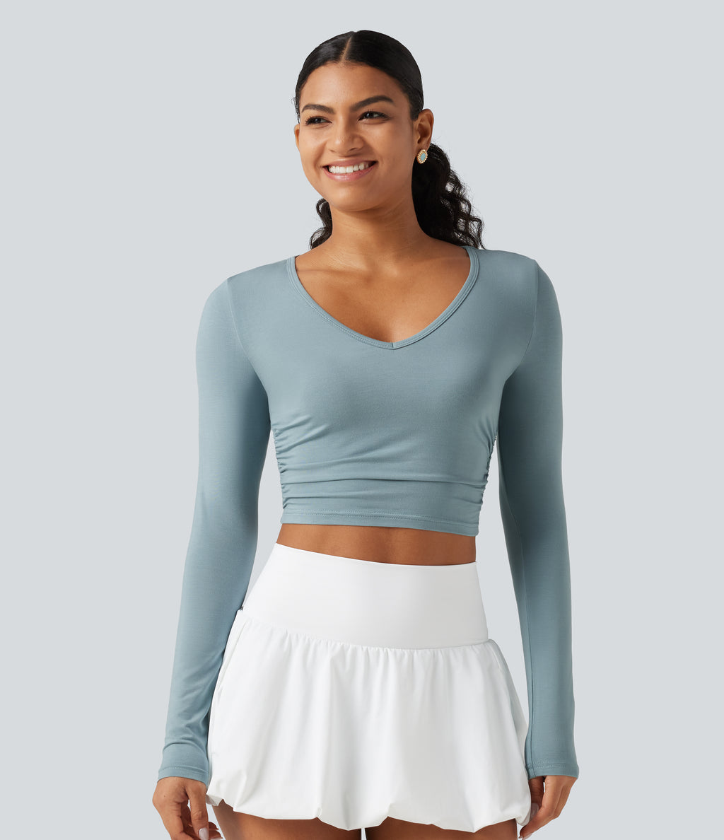 V Neck Long Sleeve Cropped Casual T-Shirt — Alum Blue — view 3