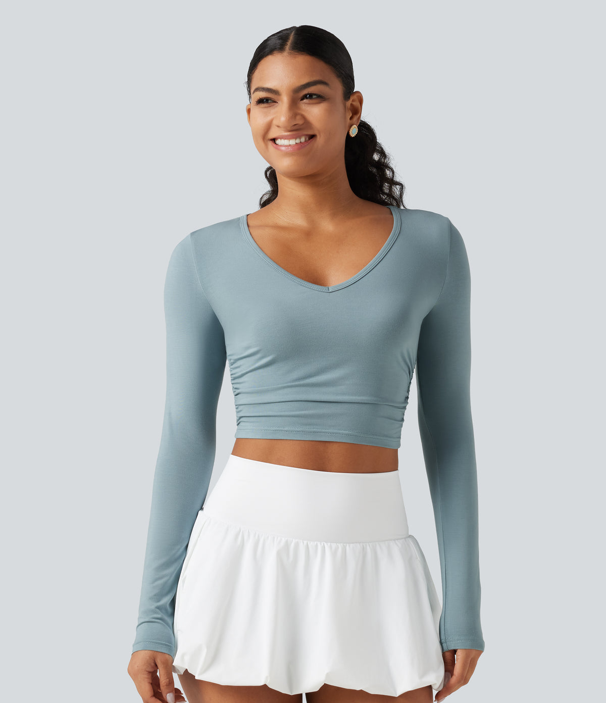 V Neck Long Sleeve Cropped Casual T-Shirt — Alum Blue — view 3