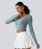 V Neck Long Sleeve Cropped Casual T-Shirt — Alum Blue — view 5