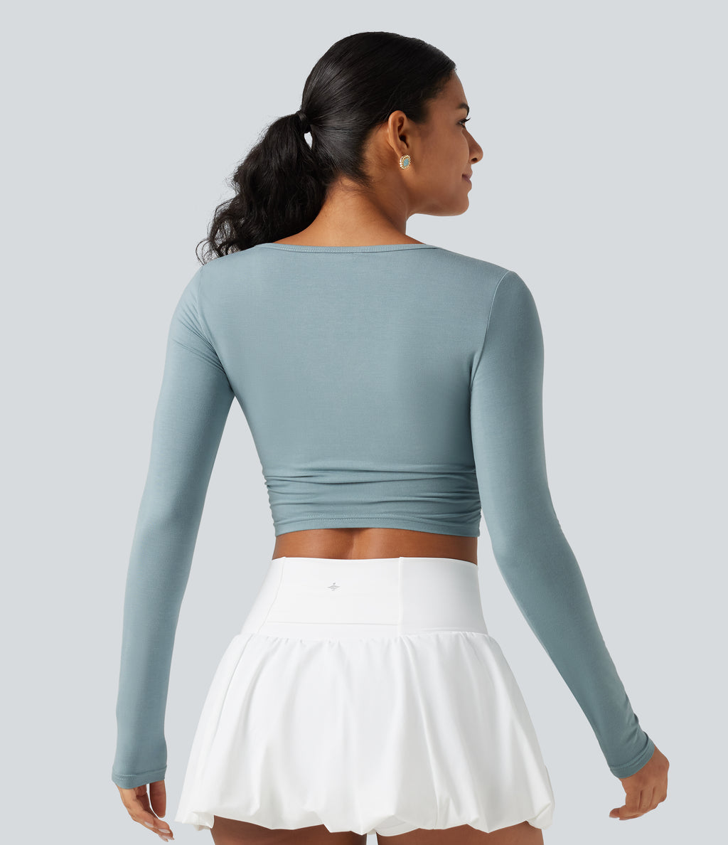 V Neck Long Sleeve Cropped Casual T-Shirt — Alum Blue — view 2