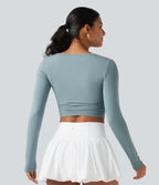 V Neck Long Sleeve Cropped Casual T-Shirt — Alum Blue — view 2