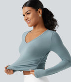 V Neck Long Sleeve Cropped Casual T-Shirt — Alum Blue — view 6