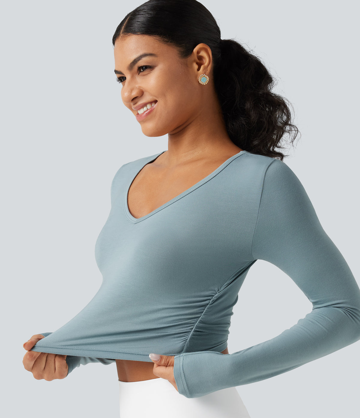 V Neck Long Sleeve Cropped Casual T-Shirt — Alum Blue — view 6