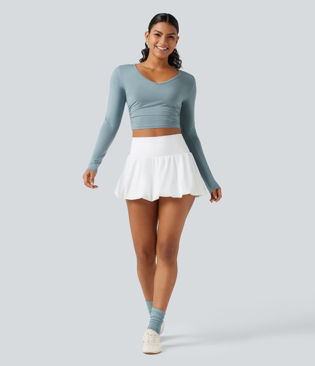 V Neck Long Sleeve Cropped Casual T-Shirt — Alum Blue — view 7