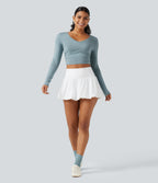V Neck Long Sleeve Cropped Casual T-Shirt — Alum Blue — view 7