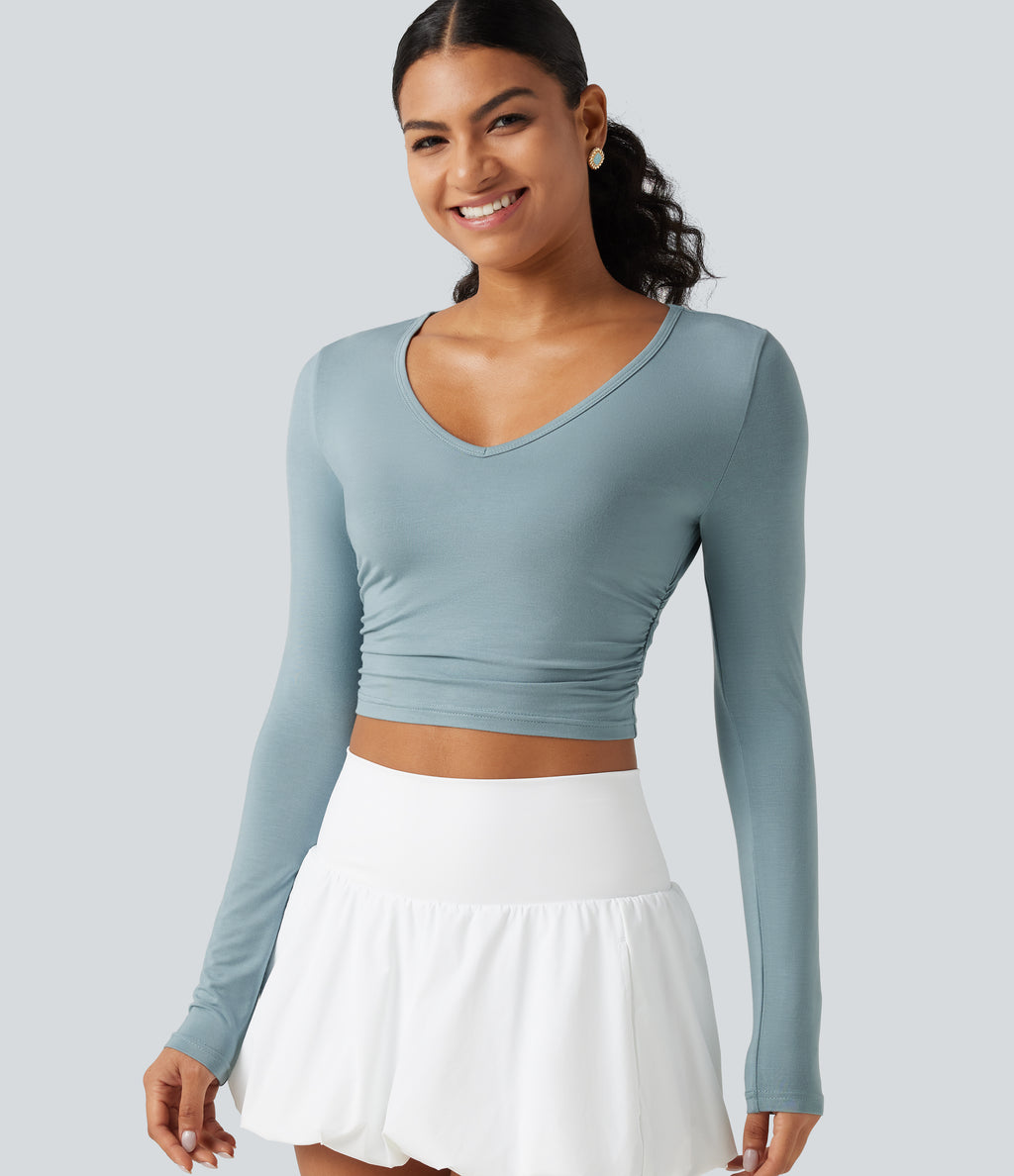 V Neck Long Sleeve Cropped Casual T-Shirt — Alum Blue — view 1