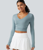 V Neck Long Sleeve Cropped Casual T-Shirt — Alum Blue — view 1