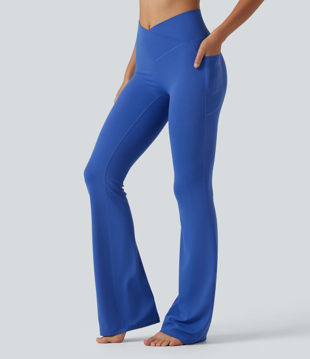 High Waisted Crossover Plain Bootcut Casual Leggings with Pockets-UPF50+ — Beaucoup Blue — view 3