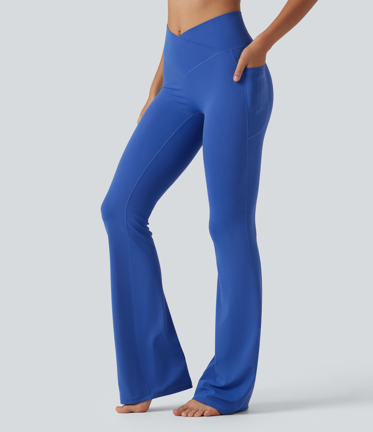 High Waisted Crossover Plain Bootcut Casual Leggings with Pockets-UPF50+ — Beaucoup Blue — view 3