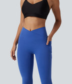 High Waisted Crossover Plain Bootcut Casual Leggings with Pockets-UPF50+ — Beaucoup Blue — view 4