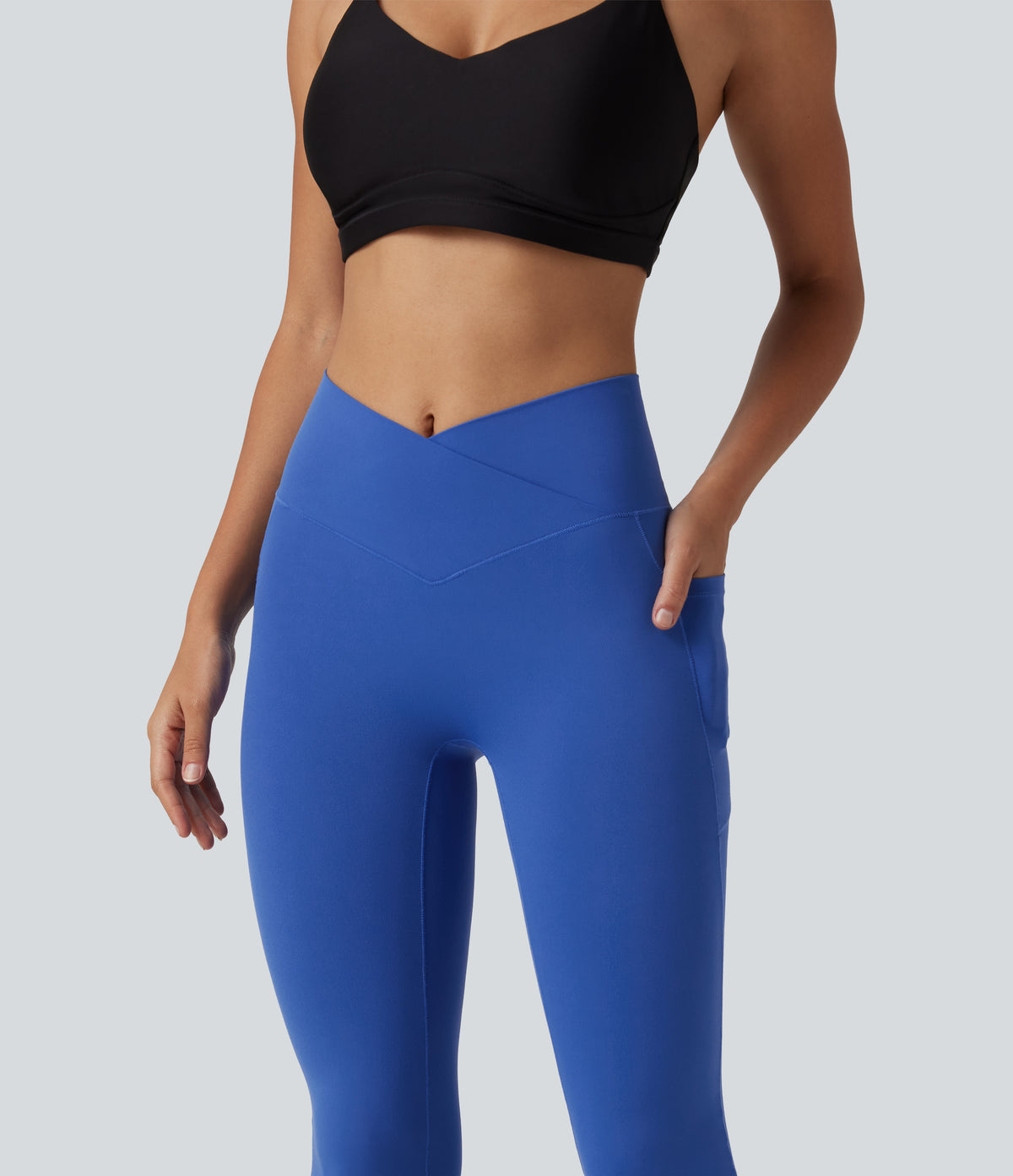 High Waisted Crossover Plain Bootcut Casual Leggings with Pockets-UPF50+ — Beaucoup Blue — view 4