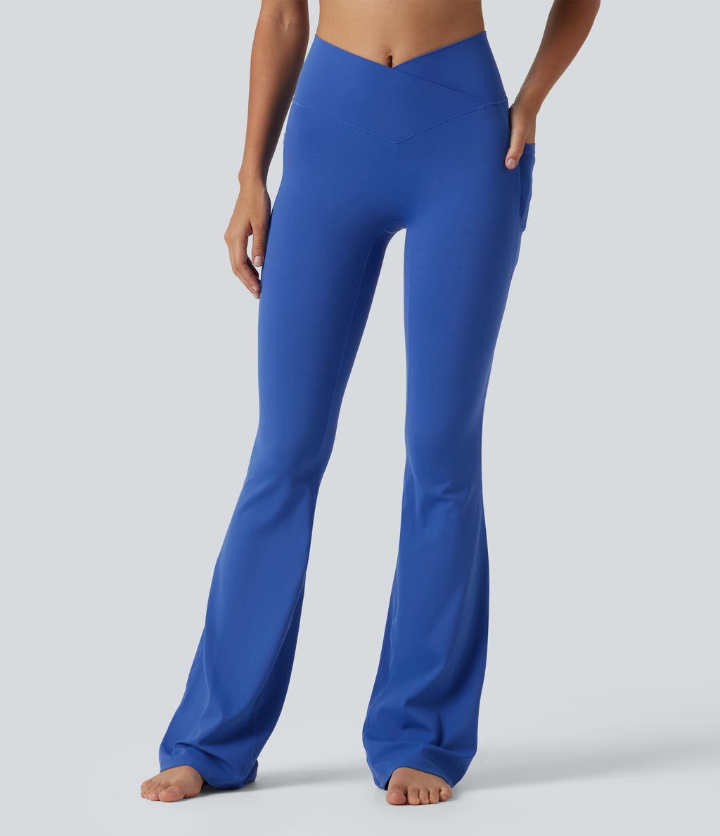 High Waisted Crossover Plain Bootcut Casual Leggings with Pockets-UPF50+ — Beaucoup Blue — view 1