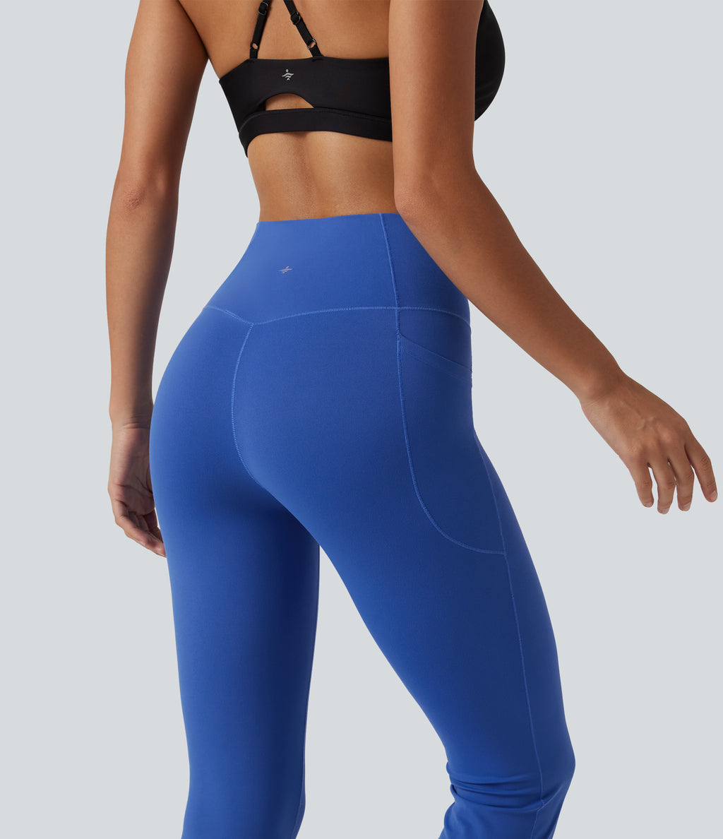 High Waisted Crossover Plain Bootcut Casual Leggings with Pockets-UPF50+ — Beaucoup Blue — view 5