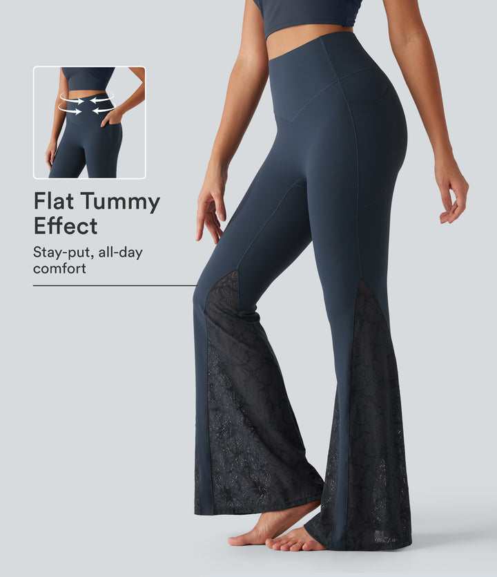 High Waisted Tummy Control Contrast Lace Yoga Flare Leggings with Pockets — Carbon — view 1