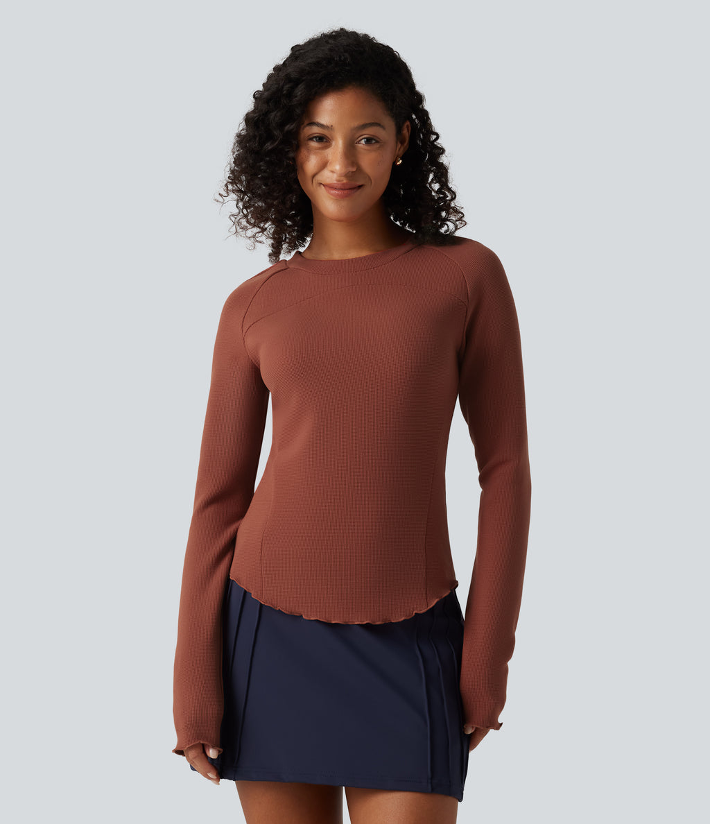 Round Neck Long Sleeve Lettuce Trim Curved Hem Waffle Casual Top — Red Ochre — view 4