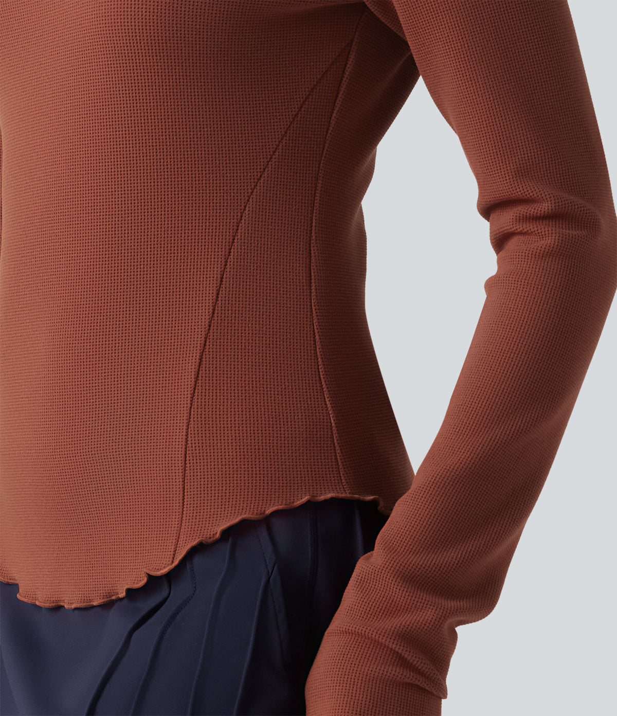 Round Neck Long Sleeve Lettuce Trim Curved Hem Waffle Casual Top — Red Ochre — view 5