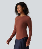 Round Neck Long Sleeve Lettuce Trim Curved Hem Waffle Casual Top — Red Ochre — view 3