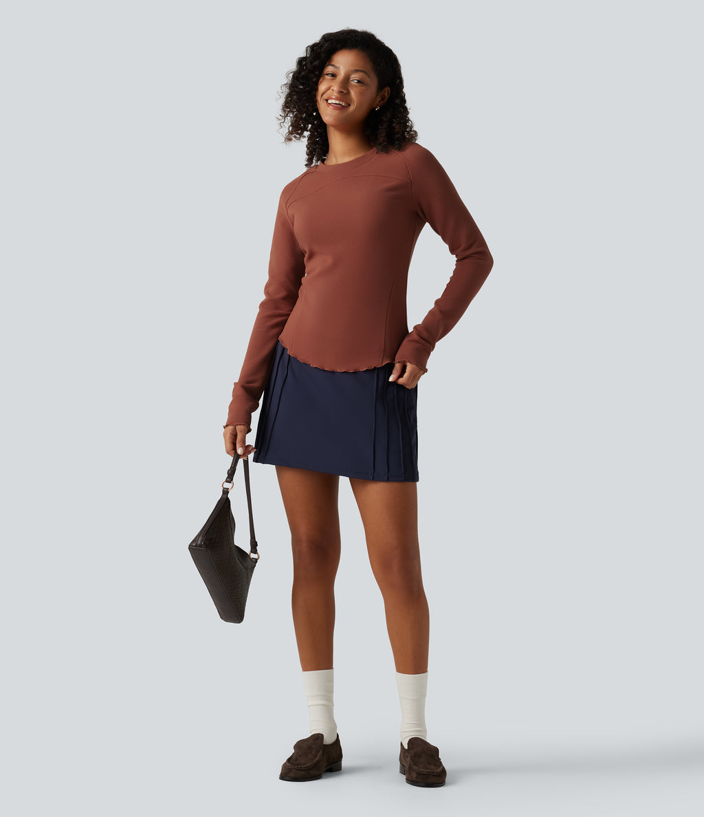 Round Neck Long Sleeve Lettuce Trim Curved Hem Waffle Casual Top — Red Ochre — view 7
