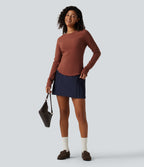 Round Neck Long Sleeve Lettuce Trim Curved Hem Waffle Casual Top — Red Ochre — view 7