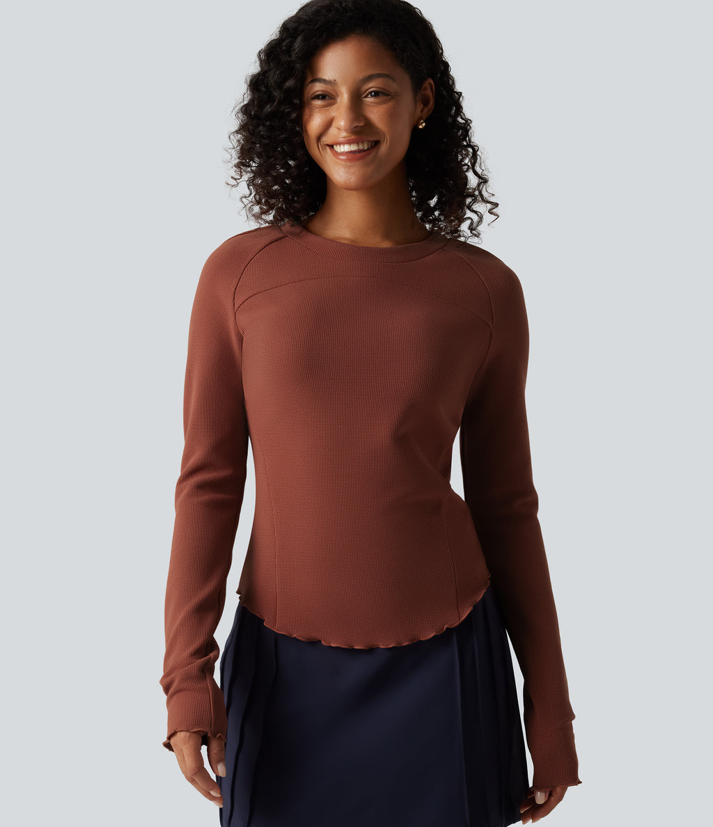 Round Neck Long Sleeve Lettuce Trim Curved Hem Waffle Casual Top — Red Ochre — view 1